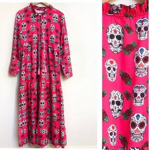 Candy Skull Bright Hot Pink Prairie Cottage Style Maxi Dress size L
